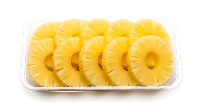 Rebanadas redondas de pi&ntilde;a dentro de una caja transparente aislada sobre fondo blanco.
 Vista de arriba hacia abajo en un recipiente de pl&aacute;stico con jugosos trozos de fruta sin pelar.
