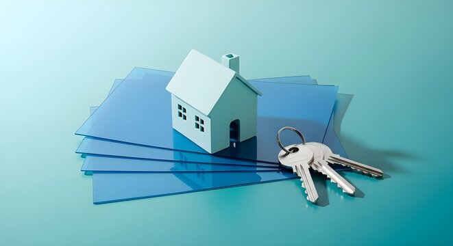 Ilustraci&oacute;n 3D de llaves plateadas con modelo de casa en papel azul, concepto de bienes ra&iacute;ces, fondo de banner de vista superior.