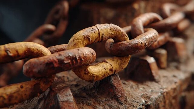 Old Rusty Chain: A close-up shot revealing a weathered, rusty chain resting upon a rough, textured surface, the warm tones contrasting against the hints of surrounding darkness.