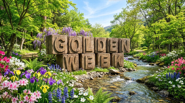 花や草木の中に木製のゴールデンウィークの文字