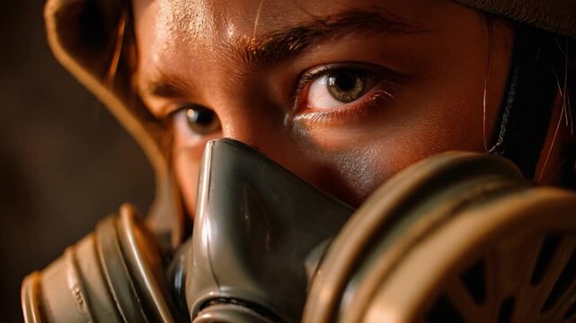 Hope Amidst Adversity: A close-up portrait of a determined individual wearing a gas mask, their eyes conveying resilience and a spark of hope amidst a harsh and uncertain environment.