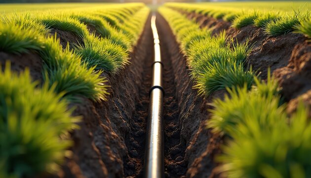 Black plastic pipe laid in trench on grassy field. Ground opened for underground utility installation. Project shows construction work progress in rural area. Sunlit landscape reflects agricultural