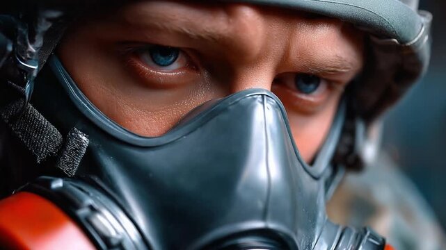 Silent Sentinel: A soldier, eyes blazing with intense focus, is encased in a gas mask, embodying silent readiness and the weight of duty.