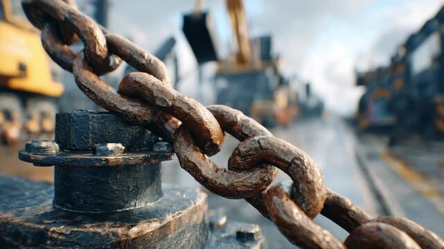 Rusty Chain of Industry: A close-up shot focuses on a weathered, rusty chain, its links interlocked atop a steel surface.