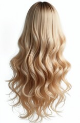 Naklejka premium Long wavy blonde hair wig on white background. This realistic hairpiece offers volume and style for fashion and beauty needs. Perfect for transforming looks or adding glamour.
