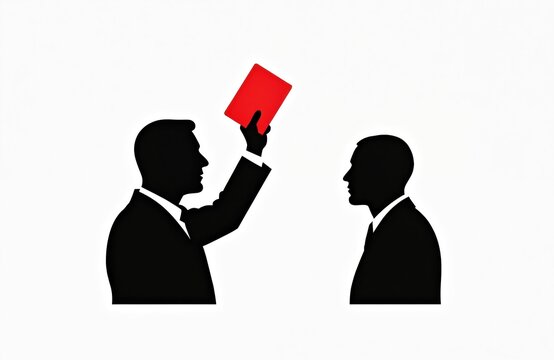 Silhouette of a man in a suit holding up a red card to another silhouette. Formal warning given, official decision made, expulsion possible.
