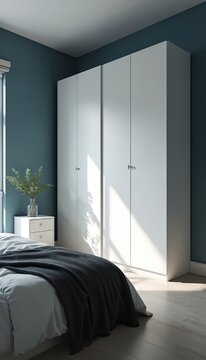Bedroom interior with large white wardrobe and dark blue wall. Bed with grey blanket and nightstand with plant. Morning sun shines through window creating light patterns on floor and furniture.