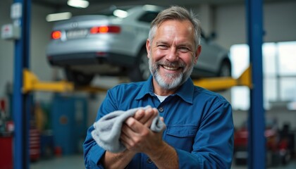 Naklejka premium Happy caucasian mechanic smiles wiping hands with rag in auto repair shop. Experienced car service professional. Small business owner satisfied with work completed. Vehicle maintenance, repair