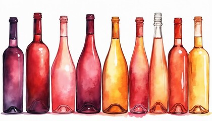 Naklejka premium Watercolor art display of diverse wine bottles in row. Colorful liquids show fluid fluid shades from deep purple to yellow, depicting different wine types. Artistic beverage selection for wine lovers.