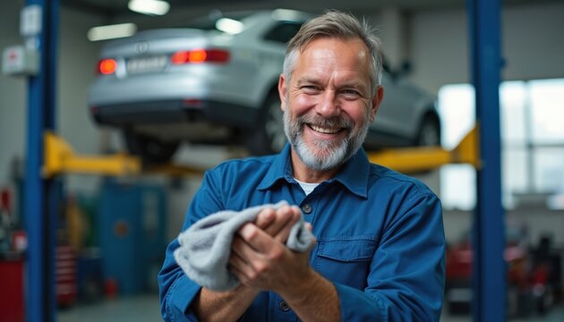 Happy caucasian mechanic smiles wiping hands with rag in auto repair shop. Experienced car service professional. Small business owner satisfied with work completed. Vehicle maintenance, repair