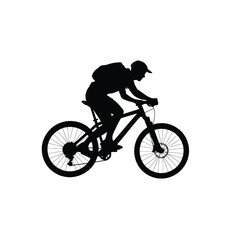 Fototapeta premium A black silhouette of a mountain biker wearing a cap and carrying a backpack on a trail bicycle isolated on white background, Vector, illustration