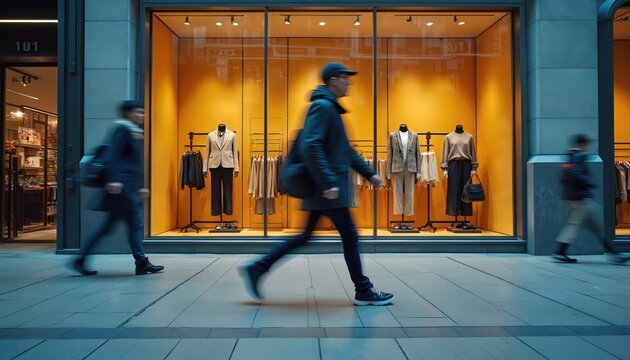 People walk past a clothing store window display at night. Mannequins show off stylish outfits, while blurred figures hurry by on the sidewalk, creating a sense of urban motion.