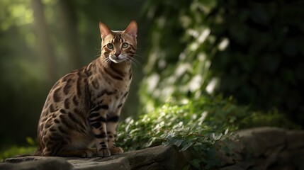 Fototapeta premium Bengal cat perched on stone wall outdoors