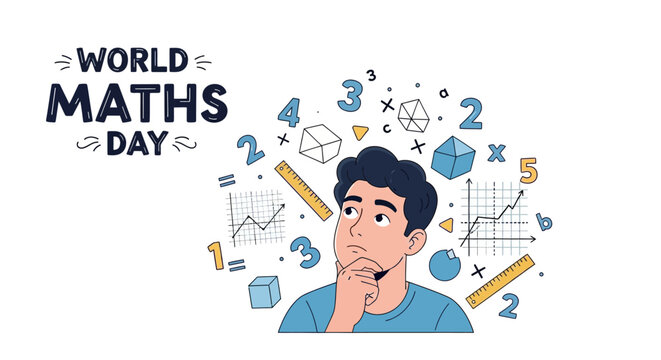 Illustration of a thoughtful young man surrounded by math symbols and equations on World Maths Day, celebrating mathematics and problem solving with a mix of geometric shapes and