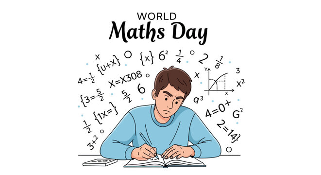 Illustration of a student solving mathematical equations on a desk with a thoughtful expression, surrounded by floating math symbols and formulas on a World Maths Day design with a clean