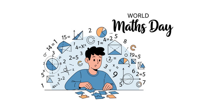Illustration of a young man solving mathematical equations surrounded by geometric shapes and math symbols on World Maths Day.