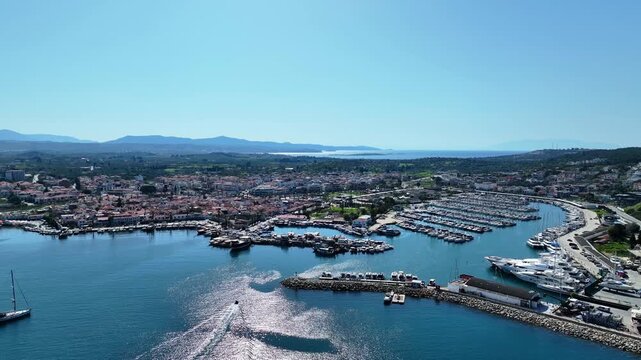 Aerial Drone View of Teos Marina and Sigacik Coastal Town in Izmir, Turkey &ndash; Aegean Sea Harbor and Scenic Village 4K