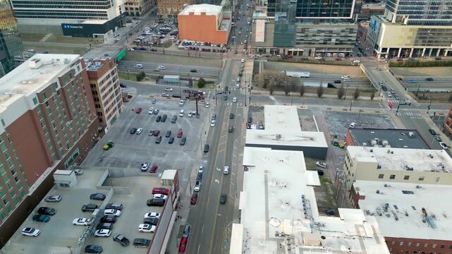 Aerial perspective of busy Kansas City streets downtown