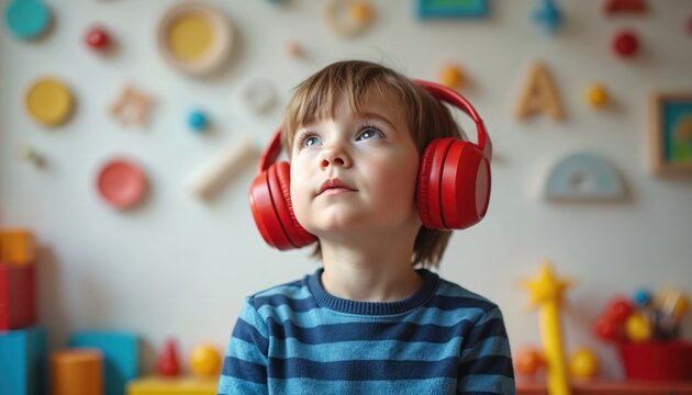 Child with red headphones listens to sound. Focus on auditory input for learning and sensory development. Early education for kids with developmental differences. Noise and sound exploration.