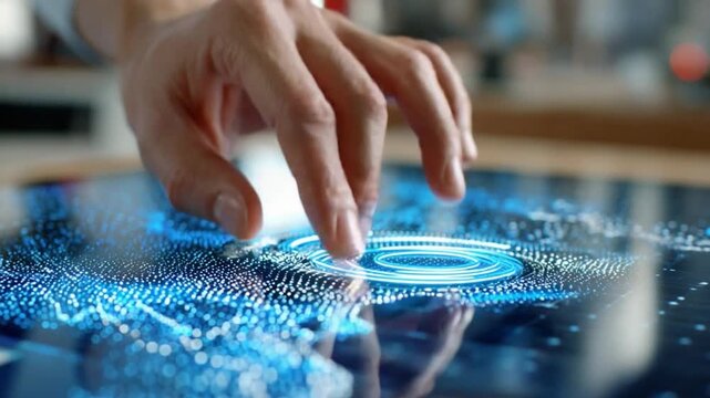 Touch Technology Interface: A close-up shot of a hand interacting with an advanced touch screen interface, highlighting the seamless integration of technology. 