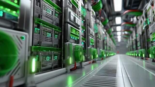 Digital Network Hub: An impressive display of interconnected servers, forming a futuristic data center, glowing with vibrant lights, signifying the power and potential of the digital world.
