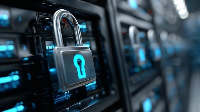 Data Fortress: A secure digital sanctuary, where a gleaming padlock safeguards a server rack, a symbol of information protection and cyber security. 