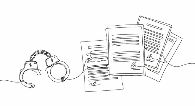 Handcuffs and papers with strings on a white background symbolizing crime and bureaucracy