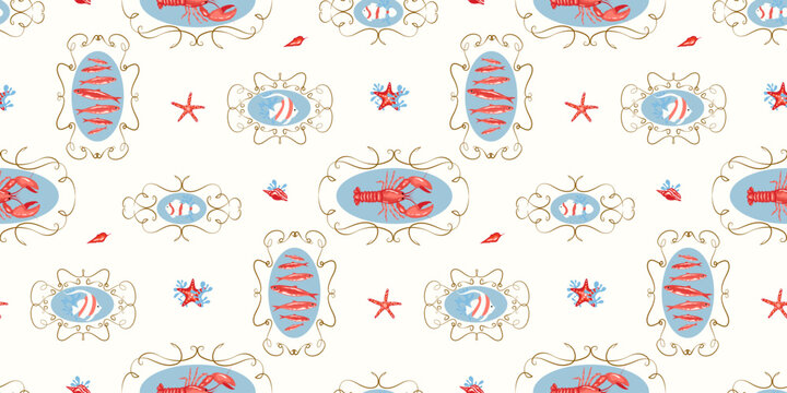 Coastal, beach, seaside home decor concept, marine life, nautical themed seamless pattern design. Seafood background with lobsters, small fish, starfish, shells and decorative frames for summer