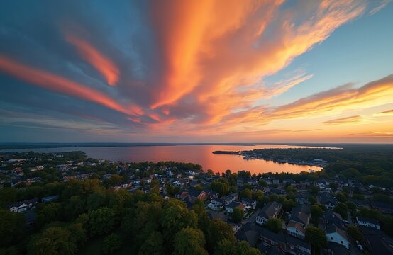 Dramatic sunset illuminates sky over lake and town. Orange clouds streak across blue expanse. Houses nestled among green trees reflect warm light on calm water.