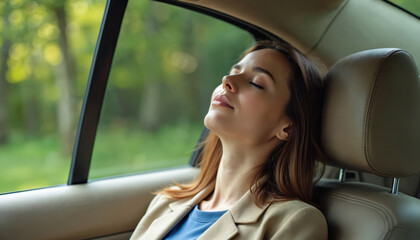 Woman slepic peacefully in car backseat. Green trees pass window side. Passenger rests during tranquil journey. Serene female enjoys quiet travel time. Comfortable ride.