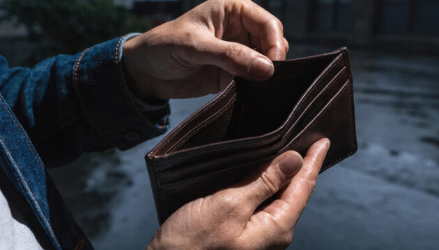 Empty leather wallet held by hands suggesting smart wealth concern and quiet frustration