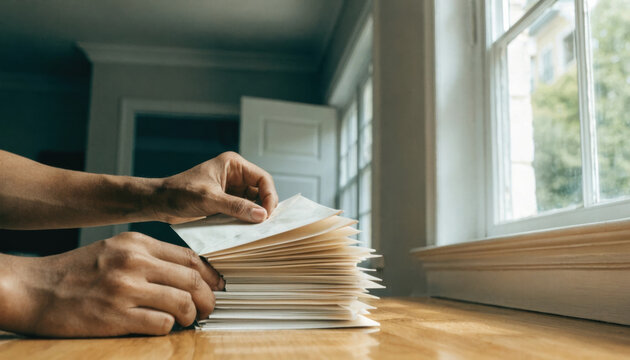 Smart home office desk with wealth planning documents and hands sorting mail by window