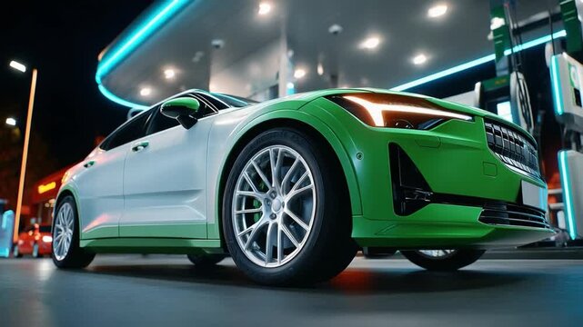 Electric Car at Charging Station: A modern electric car charges at a station, representing the future of eco-friendly transport in the heart of the city, illuminated by neon lights.