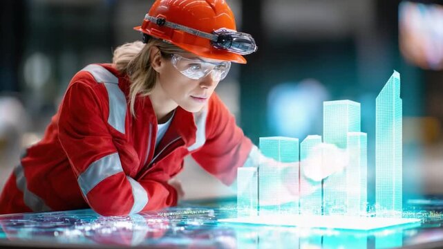 Engineering the Future: An experienced female engineer, clad in protective gear, meticulously studies an illuminated 3D digital chart, representing the evolution of engineering progress.