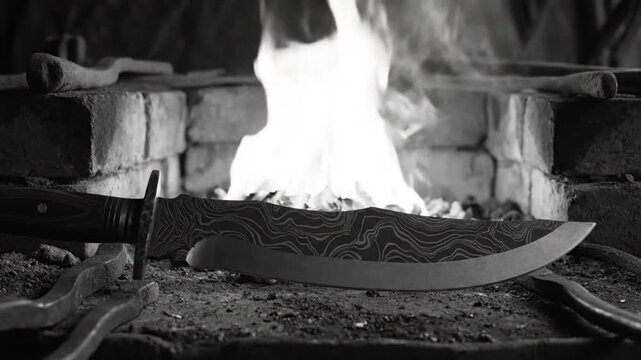 Blacksmith Heating and Shaping Knife Blade in Forge with Fire and Smoke Closeup Black and White
