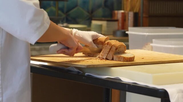 Professional Chef Slicing Fresh Bread in Commercial Kitchen. Chef in white uniform and gloves slicing a crusty loaf of artisan bread on a wooden board in a bakery, restaurant