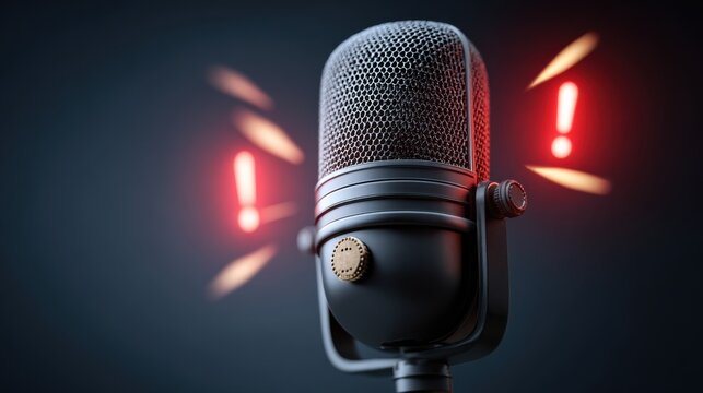 A classic microphone with exclamation marks as warning signs. It highlights the importance of careful communication and clear audio