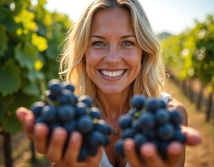 Naklejka premium Smiling woman holds dark grapes in sunny vineyard. Blonde woman with blue eyes shows fresh fruit harvest. She smiles in grape field during summer day.