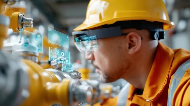 Worker in a Modern Tech World: A diligent worker wearing a protective helmet, augmented reality glasses, skillfully oversees the infrastructure, surrounded by a complex system of pipes and valves. 