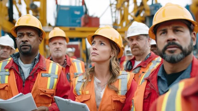 Focused Construction Crew: A determined construction crew, adorned in safety attire, is concentrated on their task, highlighting teamwork and commitment in an industrial environment. 
