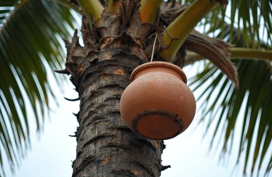 Clay pot hangs from palm tree trunk collecting. Traditional rural method for harvesting sweet liquid. Tropical agriculture and natural beverage production.