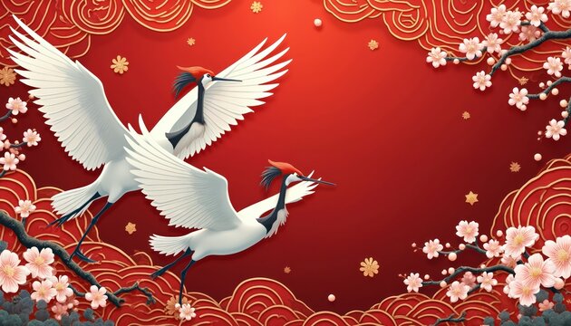Elegant cranes fly among cherry blossoms with red wave pattern. Asian art style illustration for traditional culture or festive decor. Peaceful scene with intricate ornamental details.