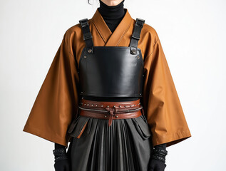Modern outfit blends Japanese samurai style with streetwear. Features leather harness over brown kimono jacket, pleated skirt, and wide belt. Unique avant-garde fashion design.