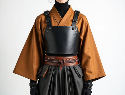 Modern outfit blends Japanese samurai style with streetwear. Features leather harness over brown kimono jacket, pleated skirt, and wide belt. Unique avant-garde fashion design.