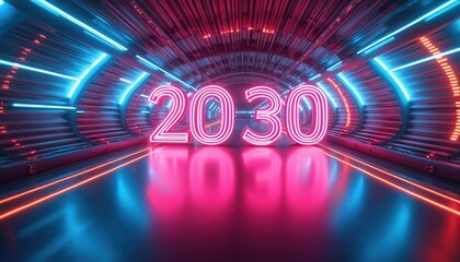 Fototapeta premium Neon tunnel with glowing numbers 2030 signifies future progress and technological advancement. Vibrant blue and pink lights create a dynamic sci-fi atmosphere representing speed and innovation.