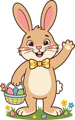 Fototapeta premium Cartoon easter bunny waving hand and holding basket.