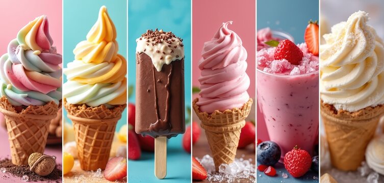 Assortment of frozen desserts. Colorful soft serve ice cream cones, chocolate popsicle, berry smoothie in cup. Sweet treats display, cold treats variety.