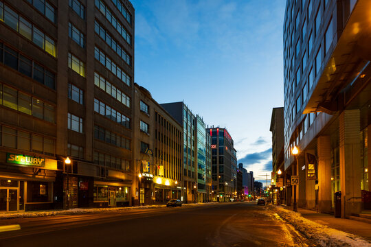 Quebec City, Quebec, Canada, March 21, 2026 - Charest boulevard in the lower town seen at sunrise, with its series of restaurants, hotels, and other businesses