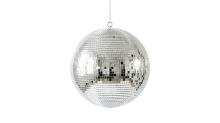 A large, shiny, silver disco ball hangs from a thin string