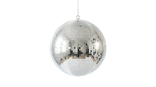 A large, shiny, silver disco ball hangs from a thin string